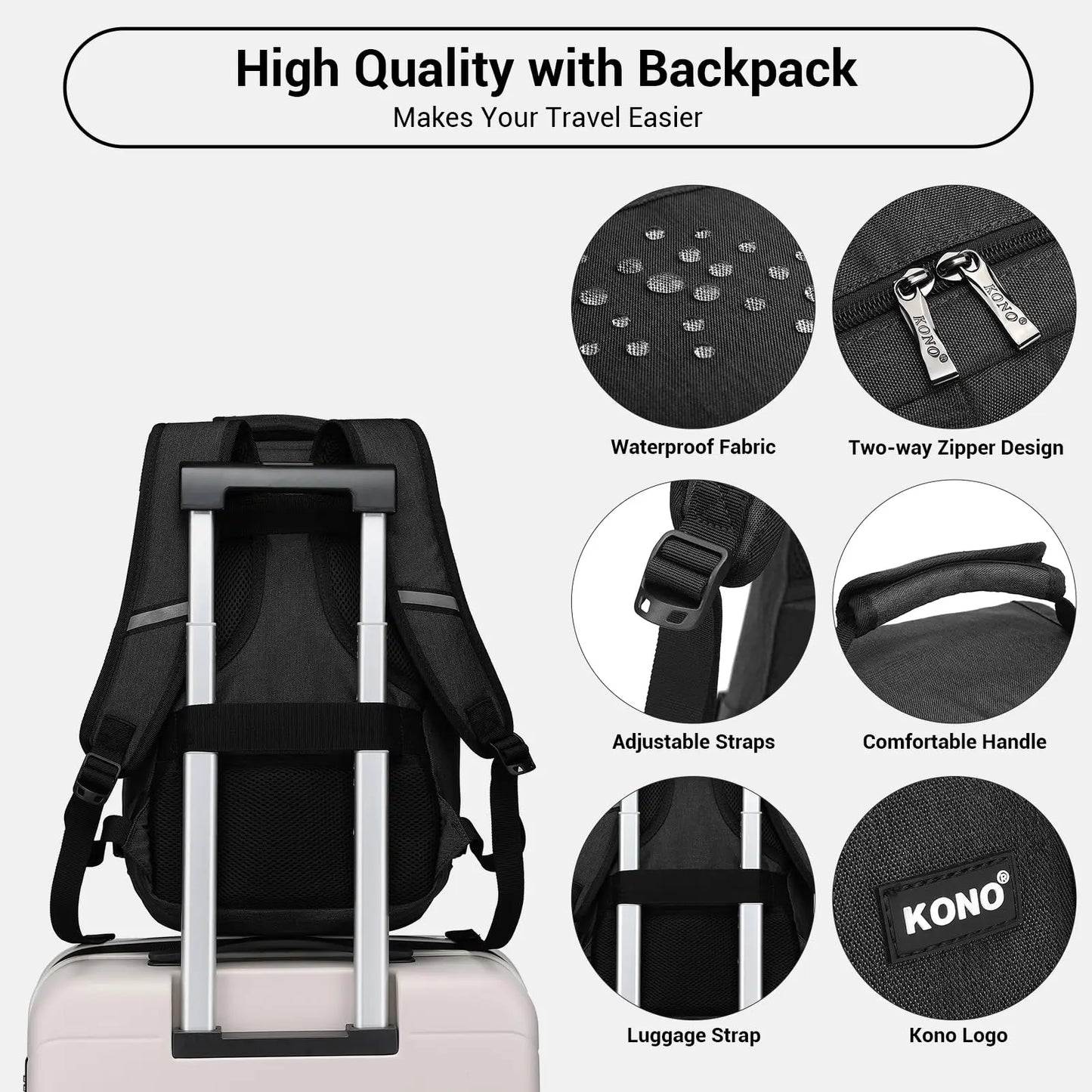 Kono Cabin bag 40x20x25 cm for Ryanair Under Seat hand luggage Backpack, Cabin Size 20L Black Minimalist