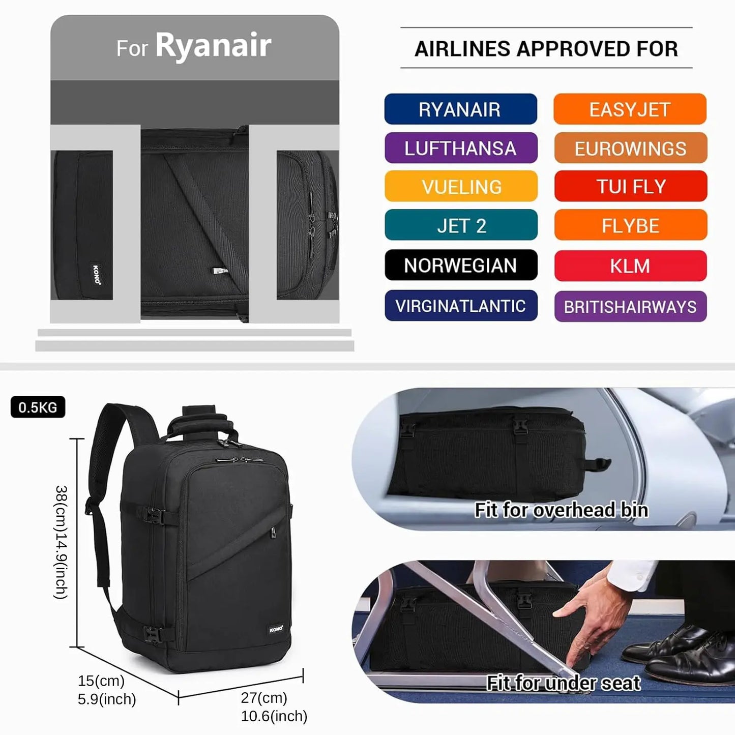 Kono Cabin bag 40x20x25 cm for Ryanair Under Seat hand luggage Backpack, Cabin Size 20L Black Minimalist