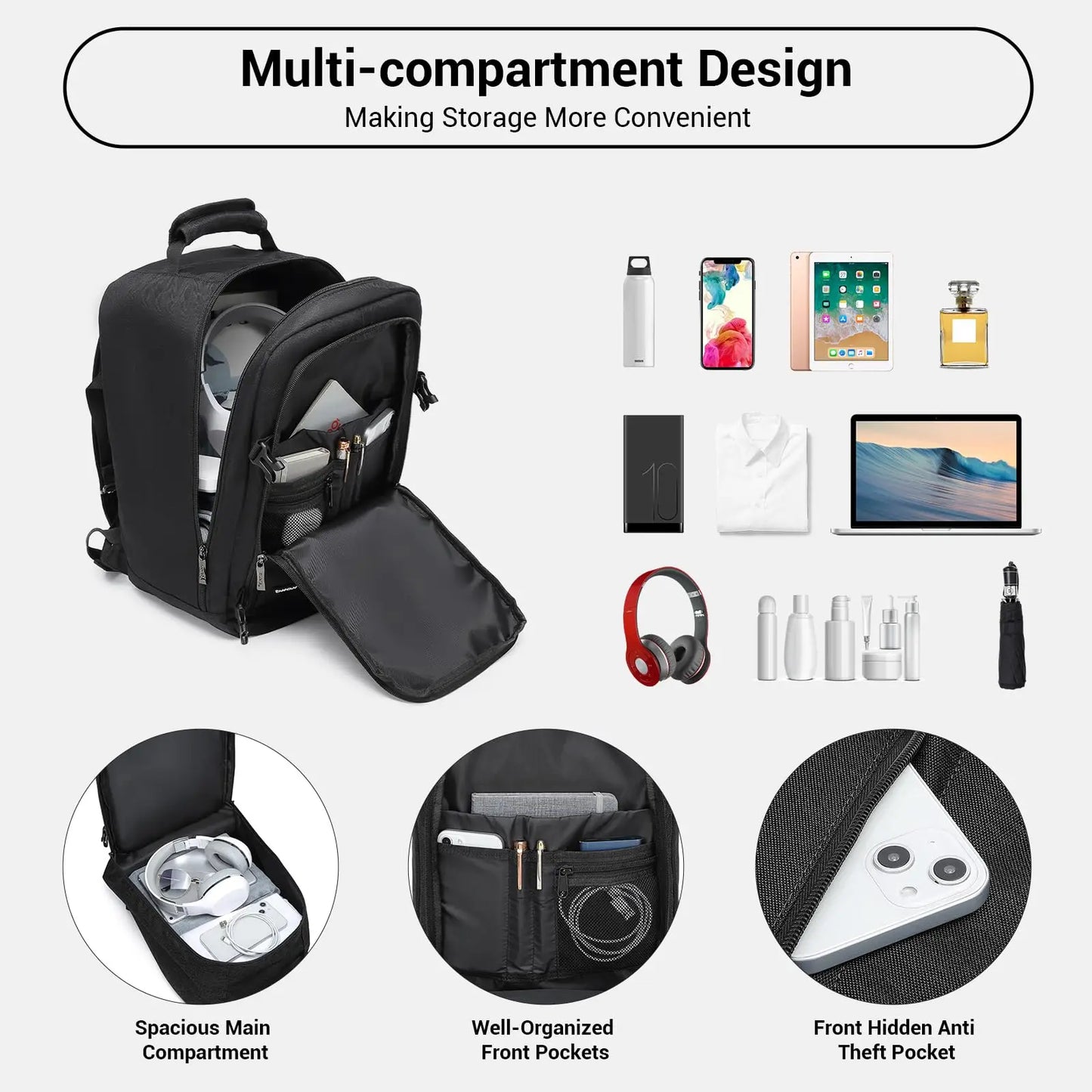 Kono Cabin bag 40x20x25 cm for Ryanair Under Seat hand luggage Backpack, Cabin Size 20L Black Minimalist