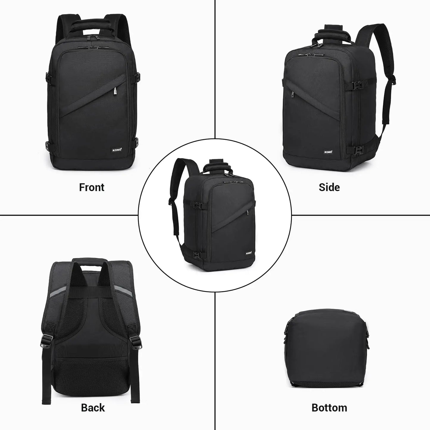 Kono Cabin bag 40x20x25 cm for Ryanair Under Seat hand luggage Backpack, Cabin Size 20L Black Minimalist